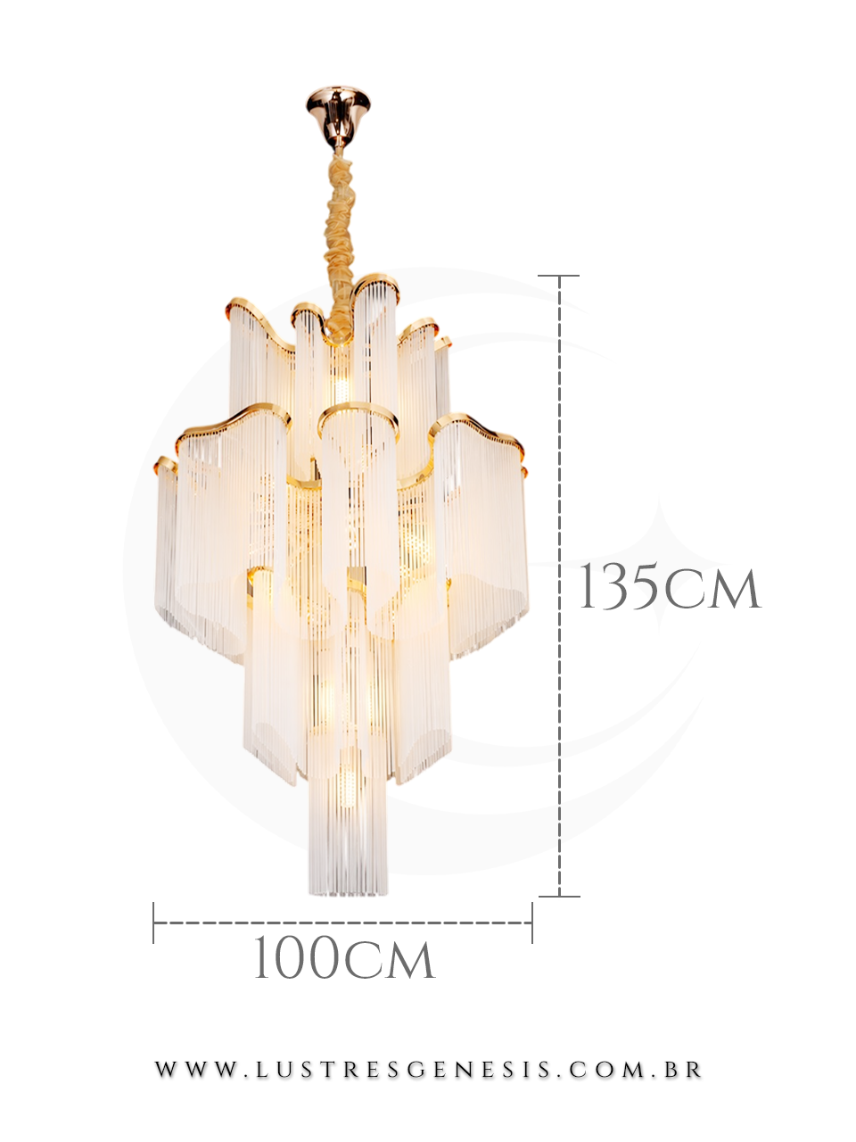 Lustre de Vidro Contempor&acirc;neo Dourado 135cm para Sala de estar de P&eacute; direito Alto Hall Escadas
